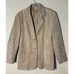 Vintage St John's Bay Leather Jacket Suede 2 Button Blazer Sz L Beige
